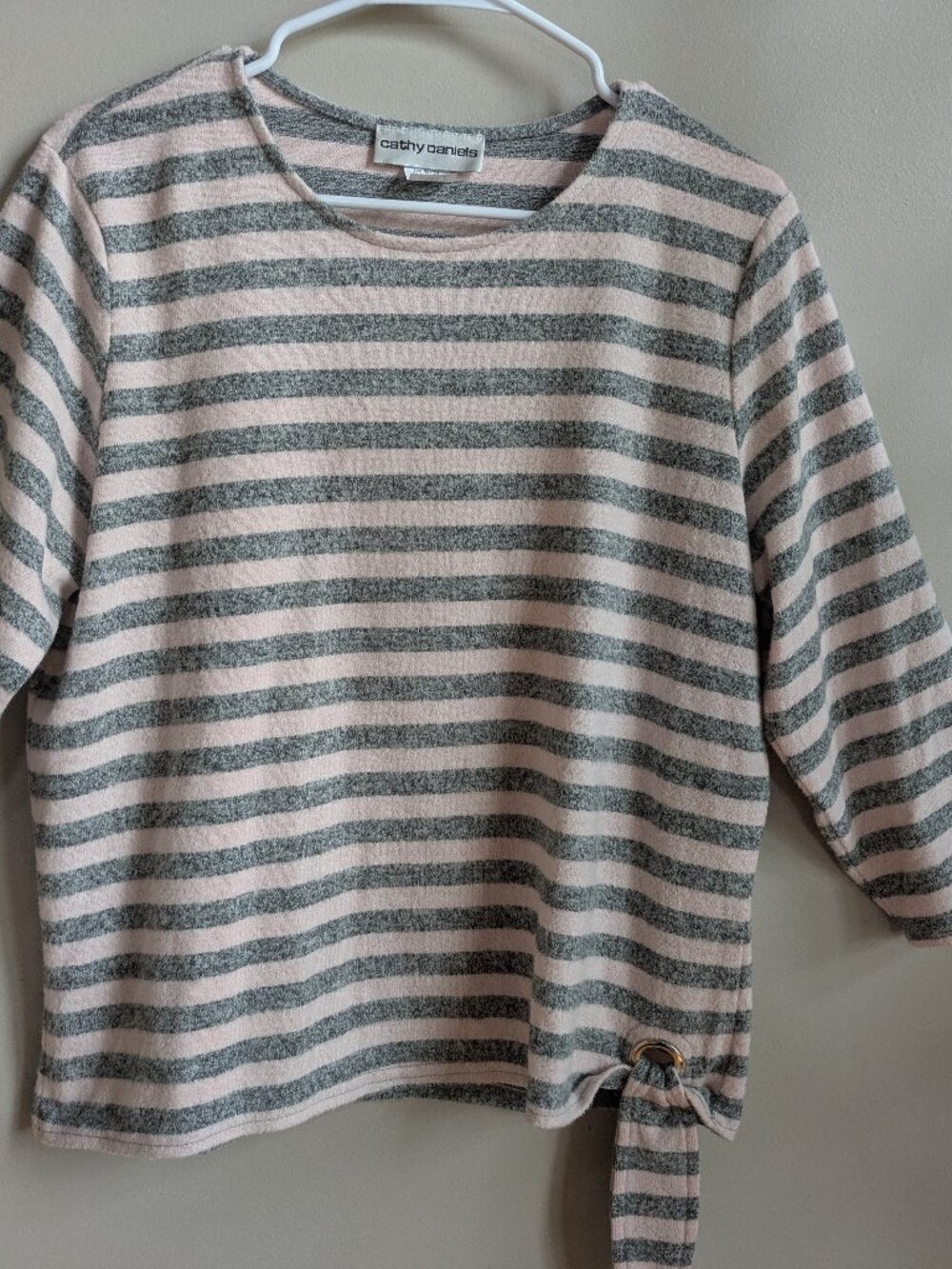 cathy daniels pink gray striped long sleeve rayon sweater tie at hem size L #725